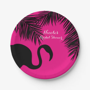Pink & Black Flamingo & Palm Birthday Party Custom Paper Plate
