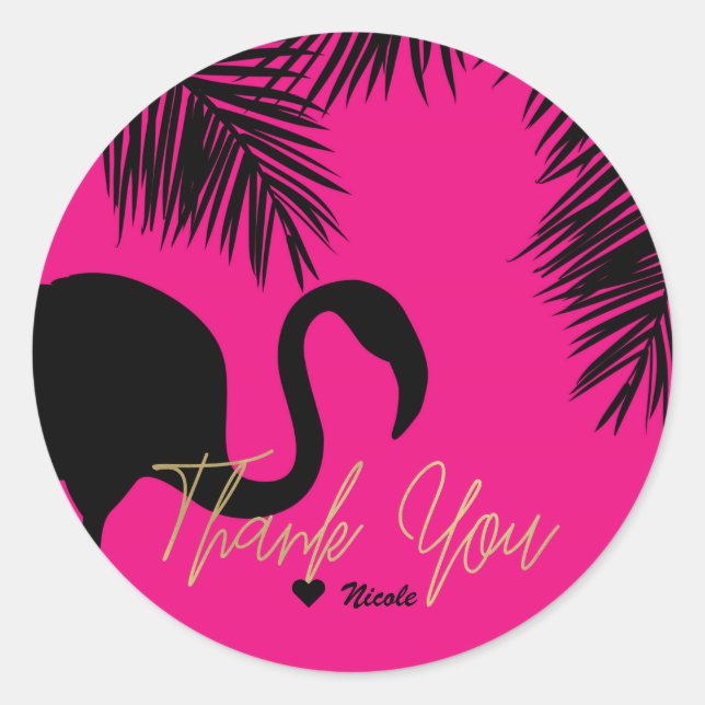 Pink & Black Flamingo & Palm Tropical Party Classic Round Sticker (Front)