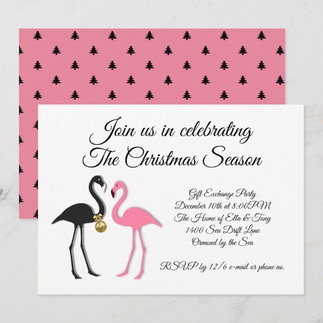 Pink Black Flamingos Christmas Party Invitation (Front/Back)