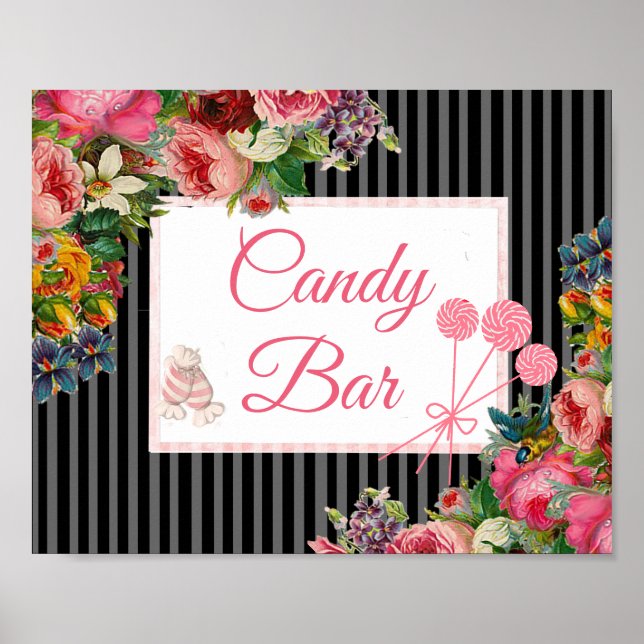 Pink & Black Floral Candy Bar Wedding Sign Poster (Front)