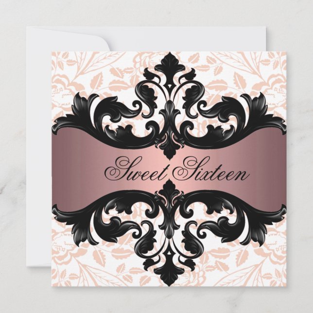 Pink & Black Floral Damask Birthday Invitation (Front)