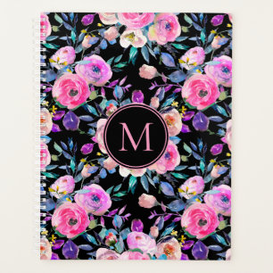 Pink Black Floral Monogram Personalized Planner