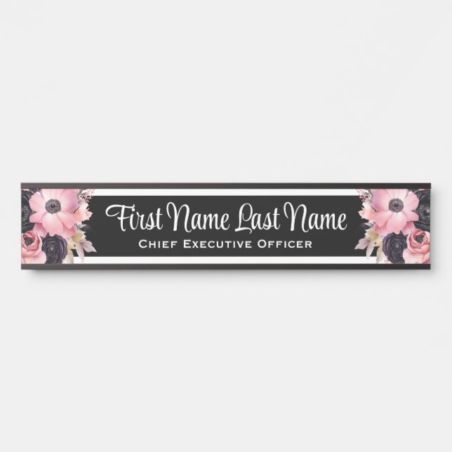 Pink Black Floral Office Door Signs Name Plate (Front)