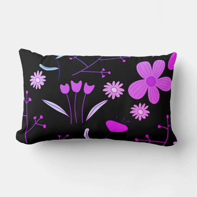 Pink & Black Floral Print Lumbar Pillow (Front)