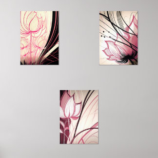 Pink & Black Floral Wall Art – Set of 3 Prints