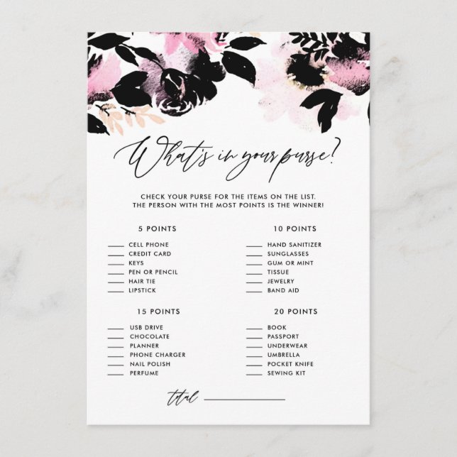Pink Black Floral What's in Your Purse Shower Game Enclosure Card (Front)