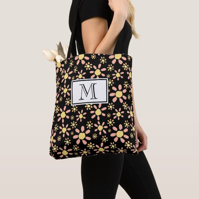 Pink Black Flower Pattern Monogram Floral Tote Bag (Close Up)