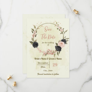 pink & black flowers botanical wedding save the date