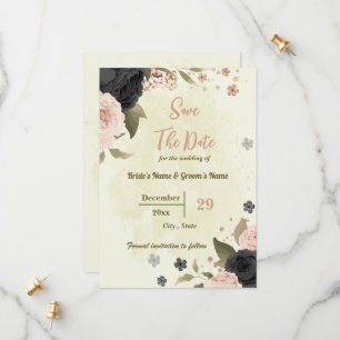 pink & black flowers botanical wedding save the date