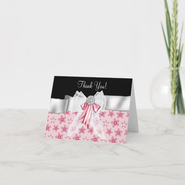 Pink Black Flowers Bow Thank You Cards (Front)