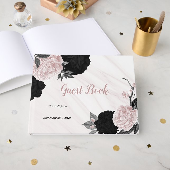 pink & black flowers grey botanical marble guest book (Front Open)