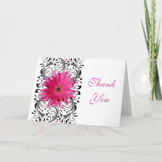 Pink Black Gerbera Daisy Floral Wedding Thank You (Front)