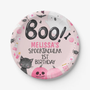 Pink Black Girl Boo Halloween Birthday Paper Plate