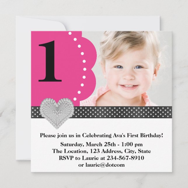 Pink Black Girls Photo 1st Birthday Party Invitation (Front)