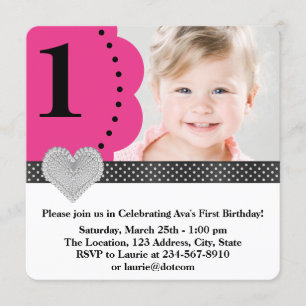Pink Black Girls Photo 1st Birthday Party Invitation