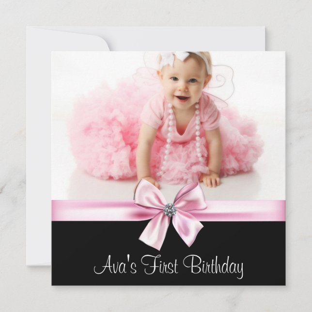 Pink Black Girls Photo First Birthday Party Invitation (Front)
