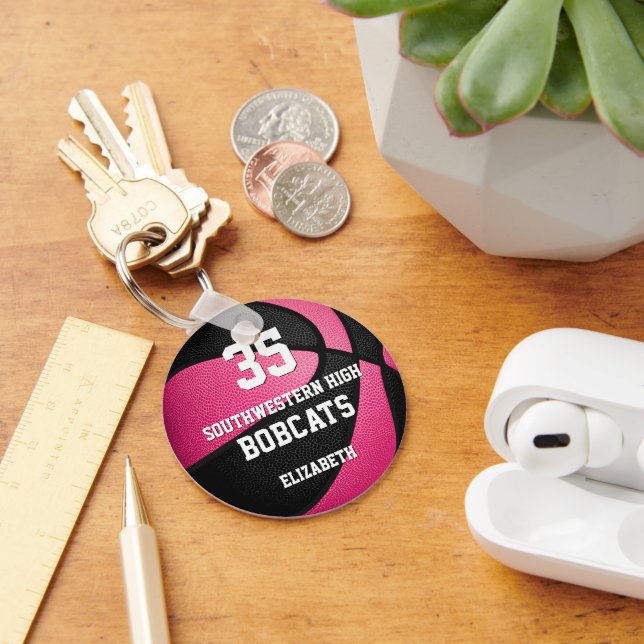 pink black girl's sports basketball team name keychain (Desk)