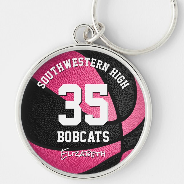 pink black girls sports team name basketball keychain (Front)