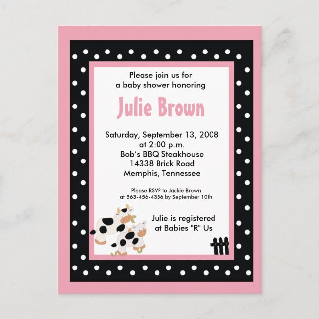 Pink & Black Girly Moo Cow Baby Shower Invitations (Front)