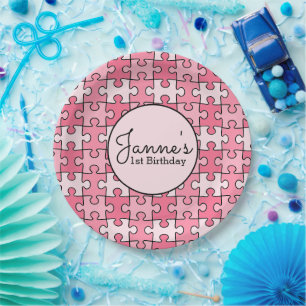 Pink Black Girly Puzzle Pieces Paper Plate