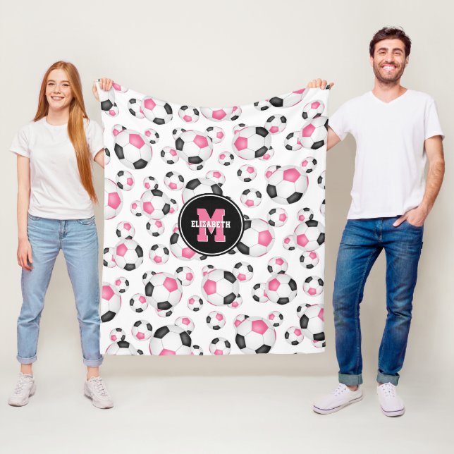 pink black girly sports pattern soccer room decor fleece blanket (In Situ)