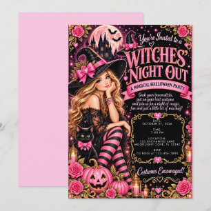Pink Black Glam Witches' Night Out Halloween Party Invitation