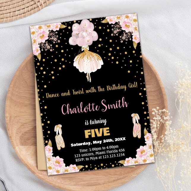 Pink Black Glitter Ballerina Birthday Invitations (Pink Black Glitter Ballerina Birthday Invitations)