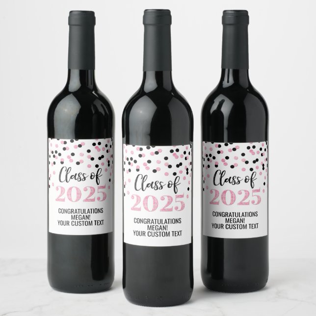 Pink Black Glitter Class of 2025 Graduation Wine Label (Bottles)