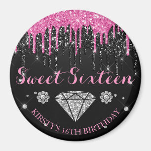 Pink & Black Glitter Drip Sweet Sixteen Magnet