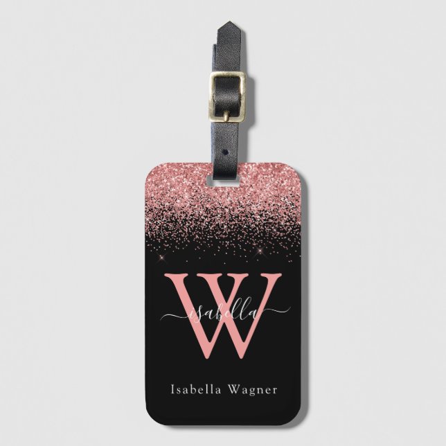 Pink Black Glitter Elegant Script Luggage Tag (Front Vertical)