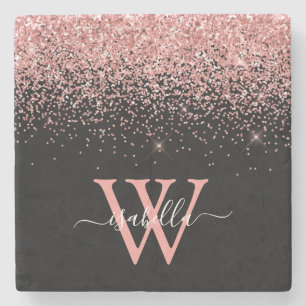 Pink Black Glitter Elegant Script Name Monogram Stone Coaster