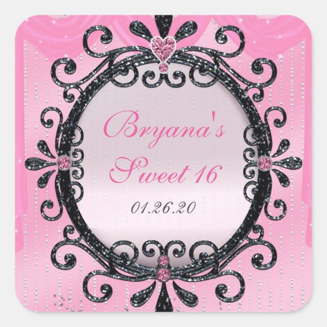 Pink & Black Glitter Fancy Frame Party Sticker (Front)