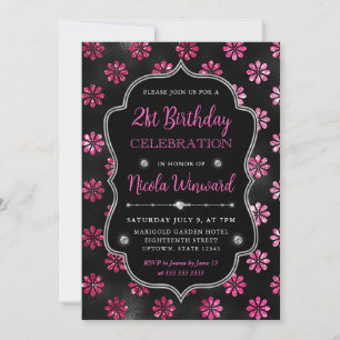 Pink & Black Glitter Flowers 21st Birthday Invitation