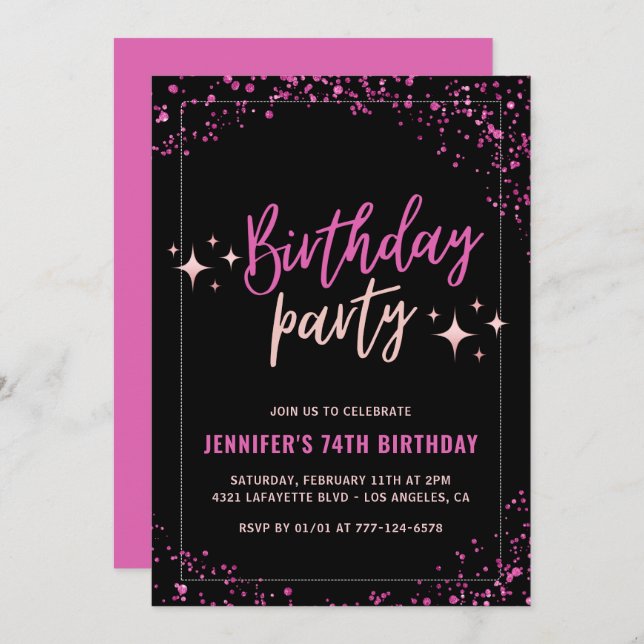 Pink Black Glitter Glam 74th birthday Party Invitation (Front/Back)