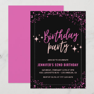Pink Black Glitter Glam 92nd birthday Party Invitation