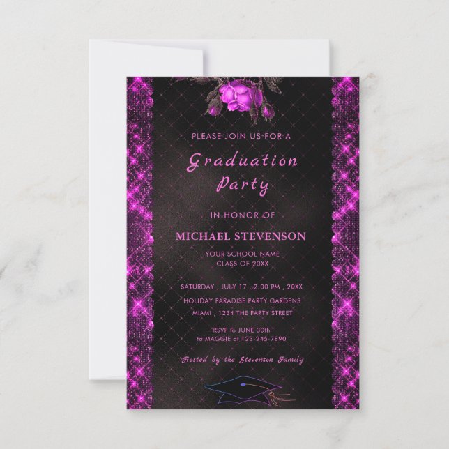 Pink Black Glitter QR Code Graduation Invitation (Front)