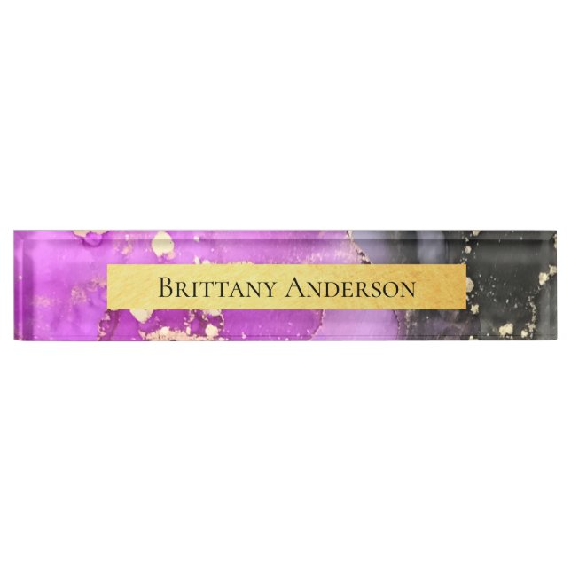 Pink Black Gold Abstract Alcohol Ink  Nameplate (Front)