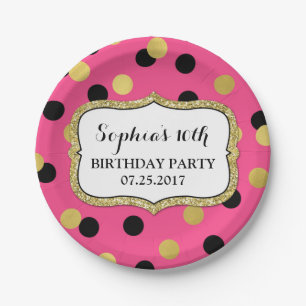Pink Black Gold Confetti Birthday Party Plate