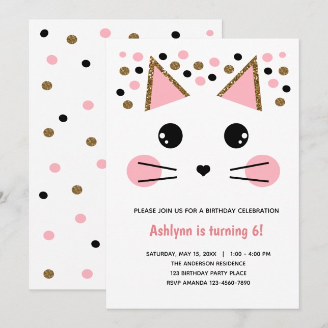 Pink Black Gold Glitter Cat Birthday Invitation (Front/Back)