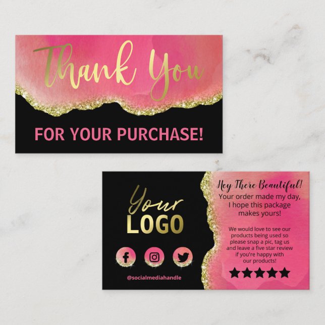 Pink Black Gold Glitter Foil Agate Thank You Business Card (Front/Back)