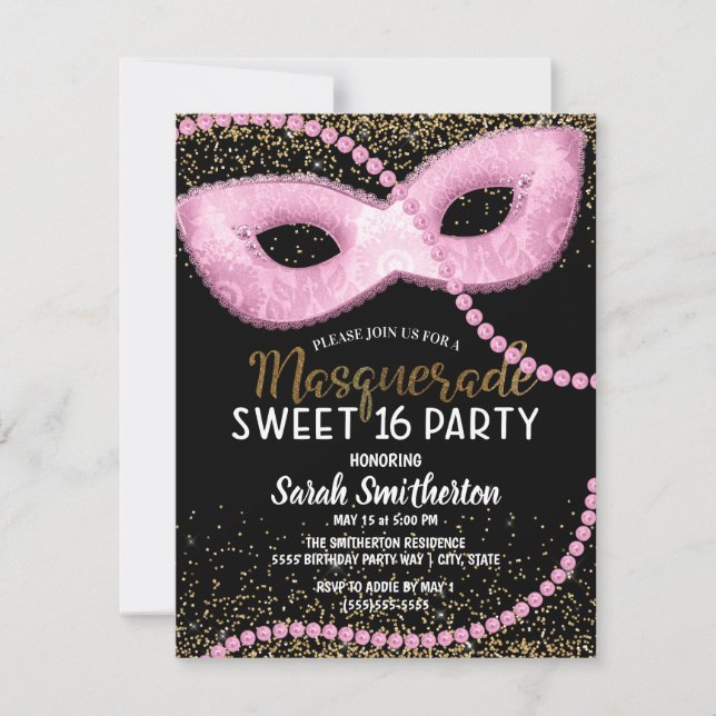 Pink Black Gold Glitter Masquerade Sweet 16 Invitation (Front)