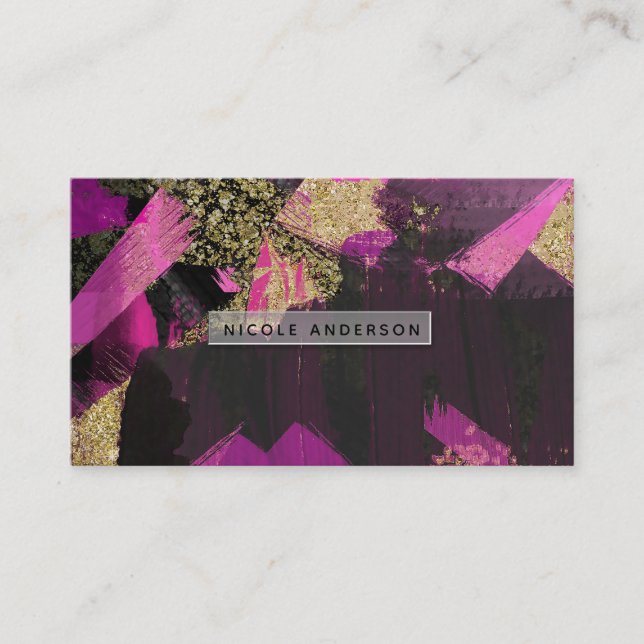 Pink Black Gold Glitter Modern Brush Glam Grunge Business Card (Front)