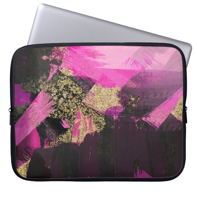Pink Black Gold Glitter Modern Brush Glam Grunge Laptop Sleeve (Front)
