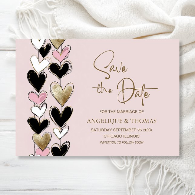 Pink Black Gold Hearts Wedding Save the Date (Creator Uploaded)
