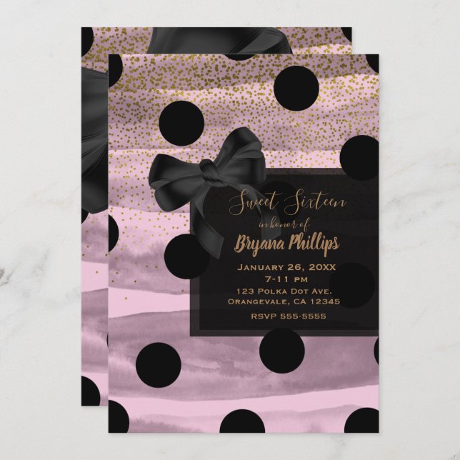 Pink Black & Gold Polka Dots Chic Bow Glam Party Invitation (Front/Back)