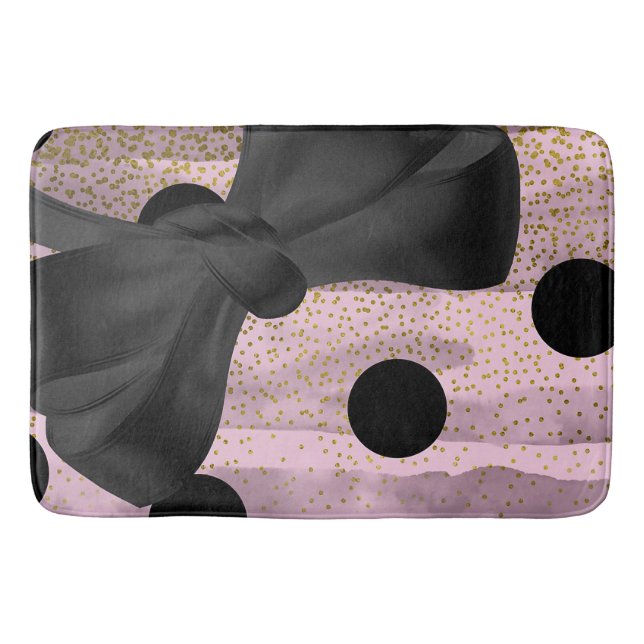 Pink & Black Gold Polka Dots Chic Bow Trendy Glam Bath Mat (Front)