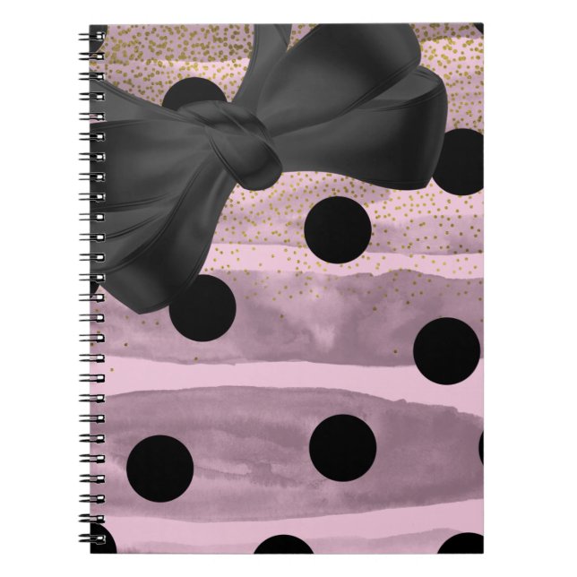 Pink & Black Gold Polka Dots Chic Bow Trendy Glam Notebook (Front)