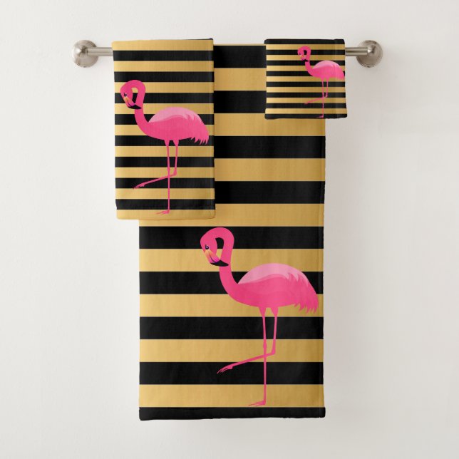 PINK BLACK GOLD STRIPE FLAMINGO BATHROOM TOWEL SET (Insitu)