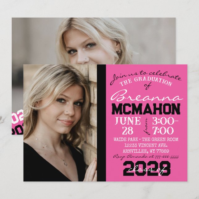 Pink & Black Graduation 2 Photo Invitation (Front/Back)