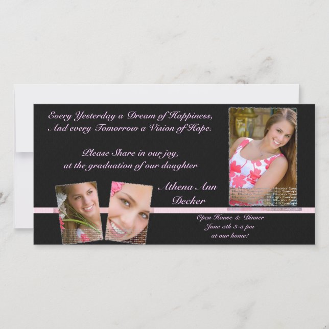 Pink & Black Graduation Annoucment & Invitation (Front)